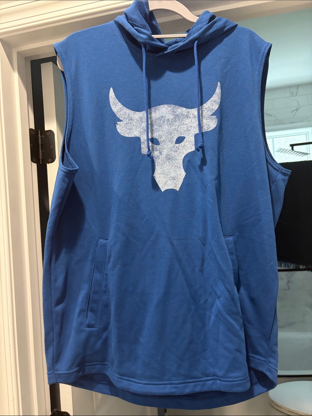 Under Armour Men's Blue Sleeveless Hooded Sweatshirt with White Bull Logo